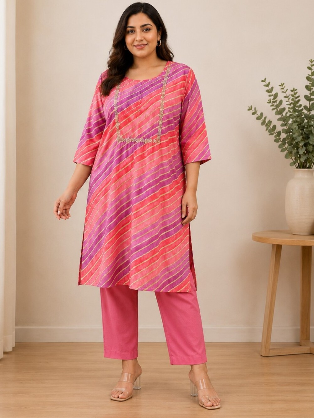 Pink Kurta Pant Set US Size M/L Gold Pearl Gota Patti NWOT
